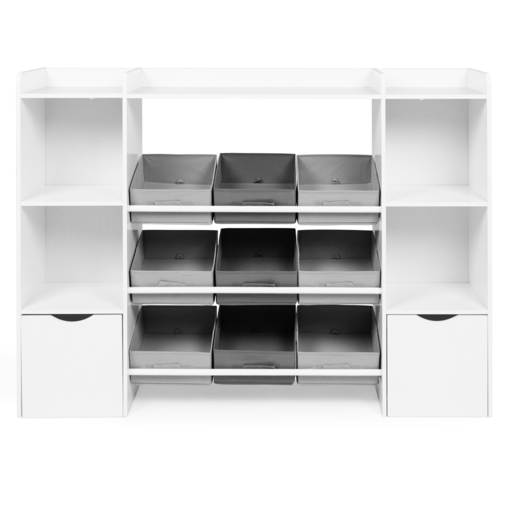 Mueble de almacenaje infantil MANA con 7 estantes, 6 cubos de tela y 2 cubos con ruedas, blanco