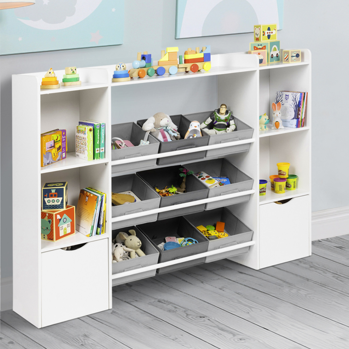 Mueble de almacenaje infantil MANA con 7 estantes, 6 cubos de tela y 2 cubos con ruedas, blanco