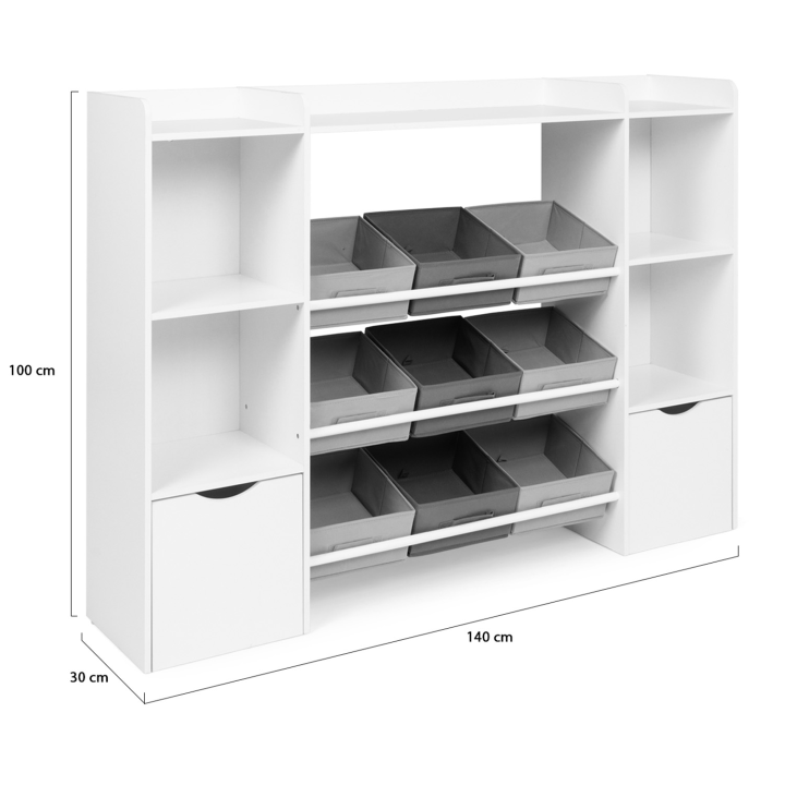 Mueble de almacenaje infantil MANA con 7 estantes, 6 cubos de tela y 2 cubos con ruedas, blanco