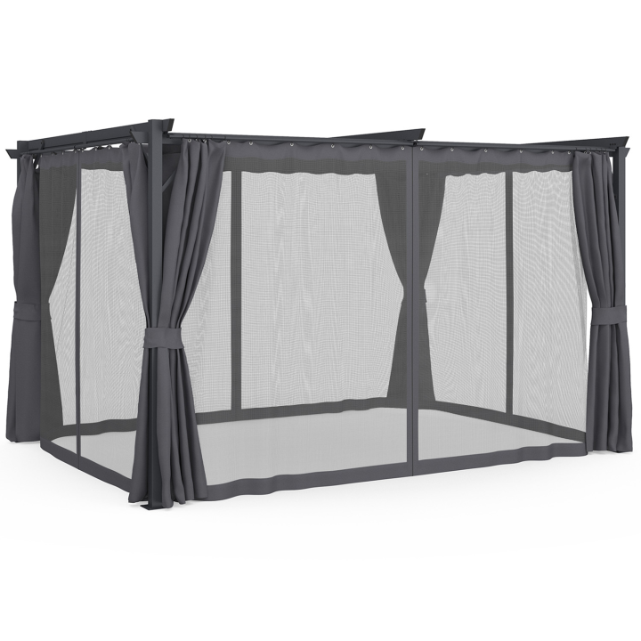 Insectenhor pergola met oprolbaar dak 3x4M en 4 grijze gordijnen