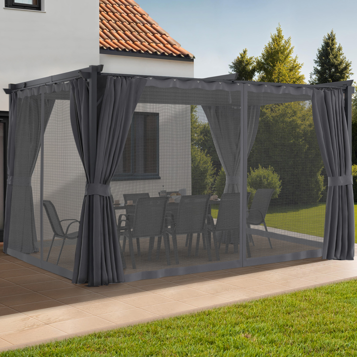 Insectenhor pergola met oprolbaar dak 3x4M en 4 grijze gordijnen