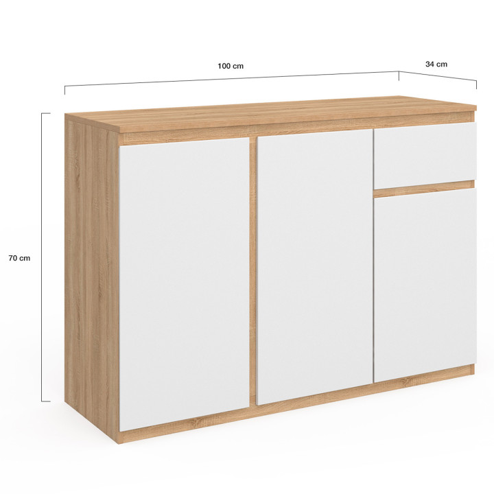 100 cm wit en houten dressoir 3 deuren 1 lade - TOMI | ID Market