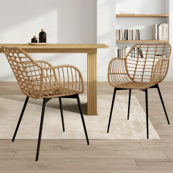 Lot de 2 chaises de salle à manger, fauteuils de table SUMMER effet rotin pied métal noir