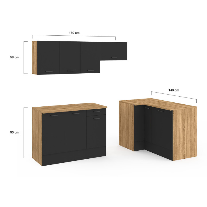 Complete hoekkeuken in hout en zwart 400 cm - SUBTIL | ID Market