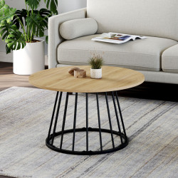 Table basse ronde 70 cm avec plateau bois et pied filaire en métal noir - YUNA | ID Market