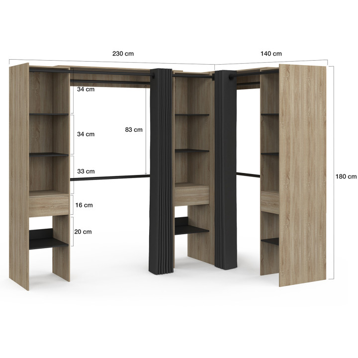 Uitschuifbare beuken hoekkast met zwarte kasten, legplanken en gordijnen - MARLON | ID Market