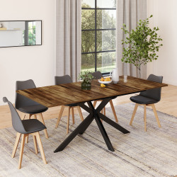 Table à manger extensible rectangle ALIX plateau HAWKINS 6-10 personnes bois foncé et noir 160-200 cm