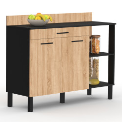 Buffet bas de cuisine 120 cm noir portes + tiroir bois façon hêtre - CINA | ID Market