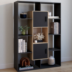 Etagère bibliothèque COLETTE avec 11 compartiments et 2 cases noir et effet bois H.143 cm