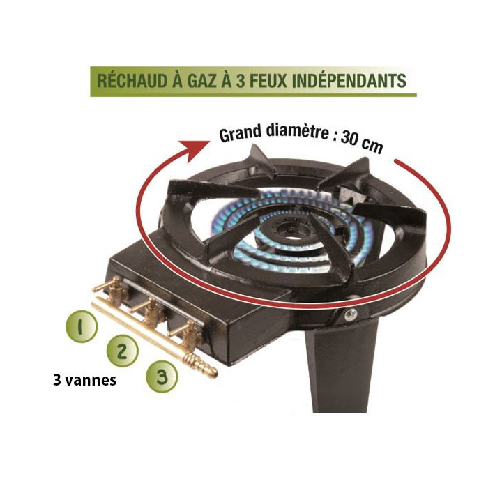 Réchaud à gaz en fonte 3 robinets laiton