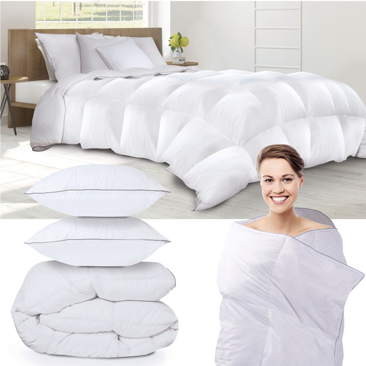 Couette 220x240 CM AELA en plume d'oie anti acarien 500 gr + 2 oreillers