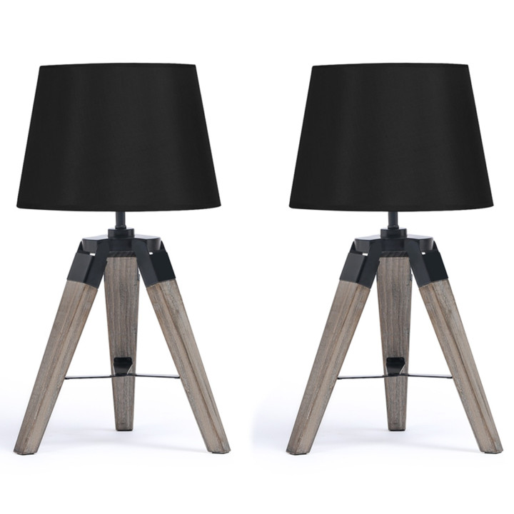 Lot de 2 lampes de chevet trépied HILDA en bois foncé noires