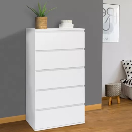 Chiffonnier 5 tiroirs bois blanc avec décoration sur le dessus du plateau