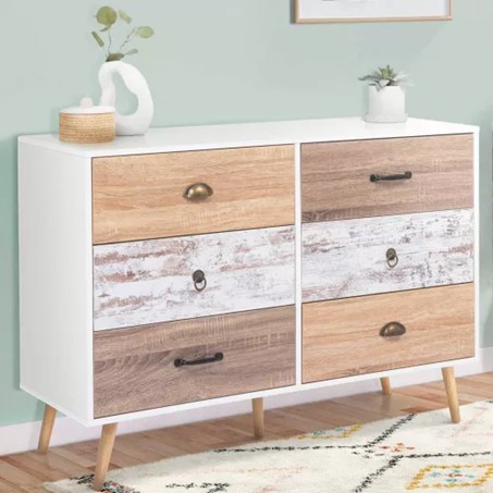 Commode style scandinave, 6 tiroirs effet bois vieilli avec poignées différentes