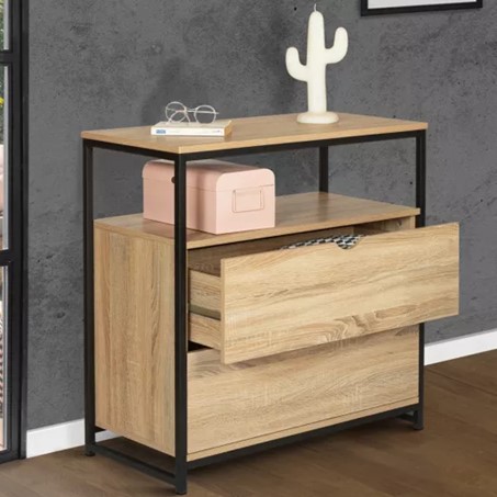 Commode style industriel, 2 tiroirs, une niche et un plateau bois sur lequel sont posés des lunettes, un livre et un objet de déco