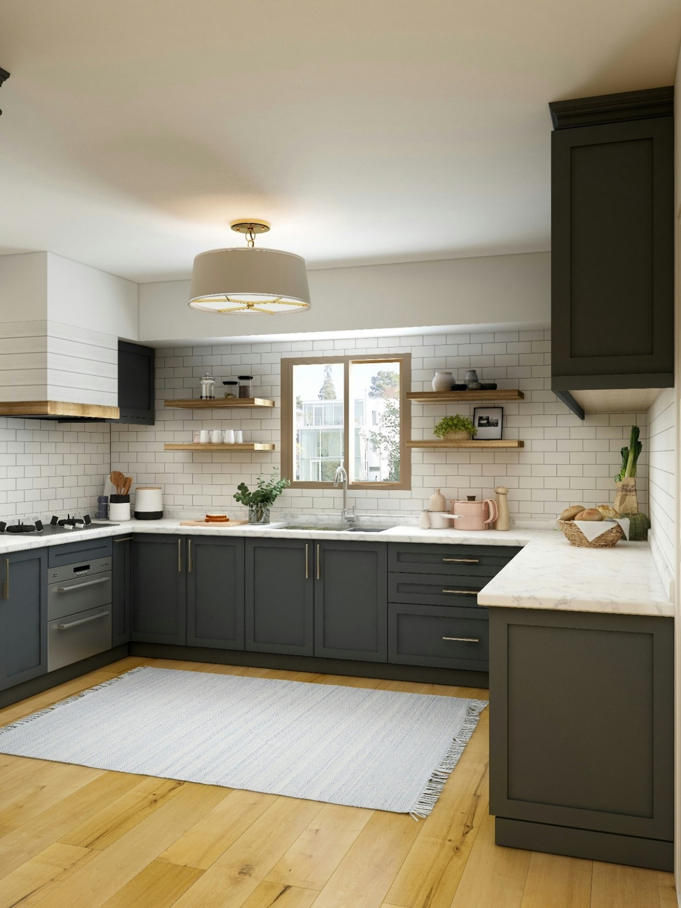 cuisine meubles noirs, plan de travail effet marbre, crédence blanche et étagères bois